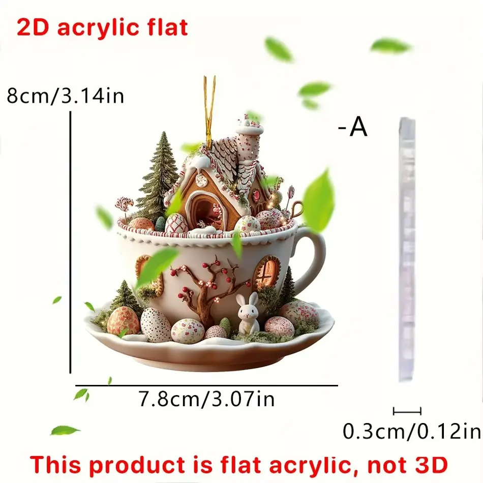 Easter Coffee Mug Decorations – Cute Cartoon Bunny & Egg House 2D Acrylic Ornaments for Spring Parties
