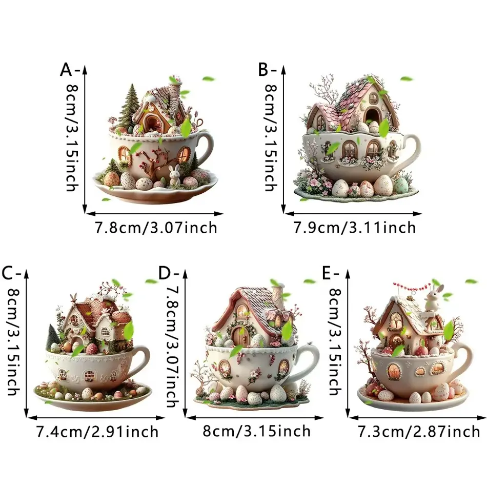 Easter Coffee Mug Decorations – Cute Cartoon Bunny & Egg House 2D Acrylic Ornaments for Spring Parties