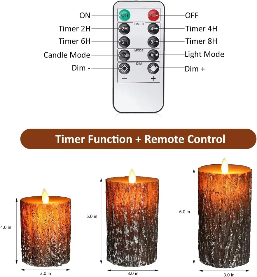Elegant LED Flameless Birch Candles with Remote – Battery Operated, Flickering Light – Set of 3 for Christmas, Birthdays & Home Decor