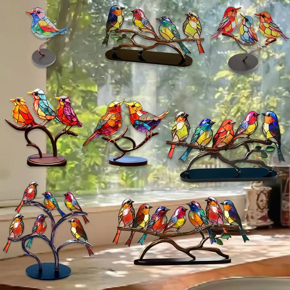 Elegant Stained Acrylic Bird Branch Sculpture - Double-Sided Multicolor Desktop Decoration