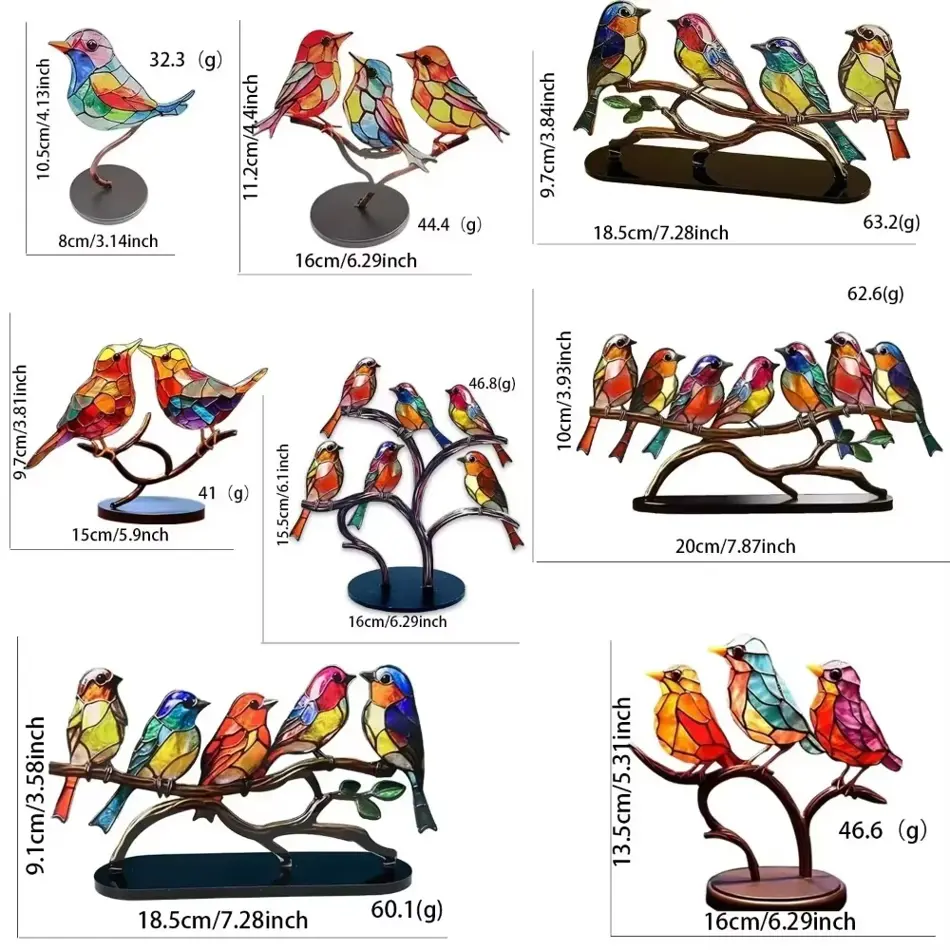 Elegant Stained Acrylic Bird Branch Sculpture - Double-Sided Multicolor Desktop Decoration