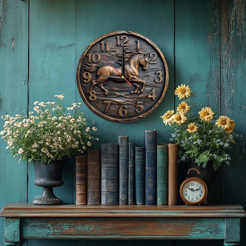 Elegant Wooden Wall Clock with Galloping Horse Design – Rustic Home Decor, Silent Quartz Movement