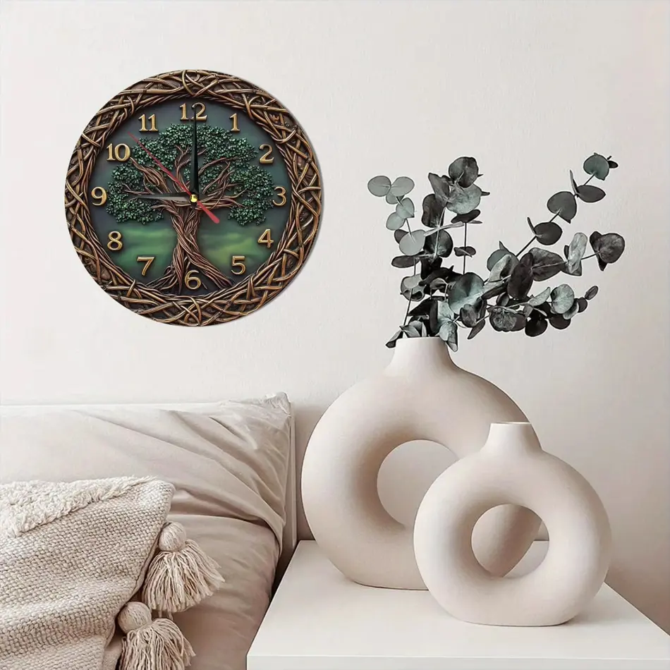 Elegant Wooden Wall Clock with Green Tree Pattern – Perfect Home Decor