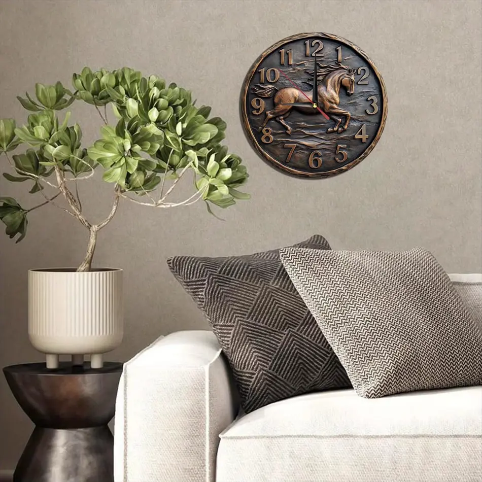 Elegant Wooden Wall Clock with Galloping Horse Design – Rustic Home Decor, Silent Quartz Movement