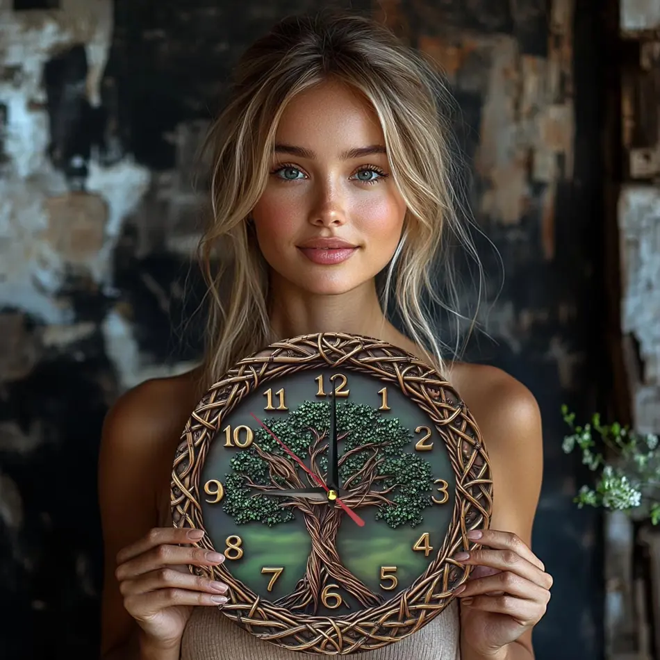 Elegant Wooden Wall Clock with Green Tree Pattern – Perfect Home Decor