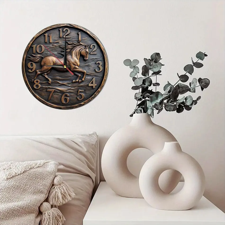 Elegant Wooden Wall Clock with Galloping Horse Design – Rustic Home Decor, Silent Quartz Movement