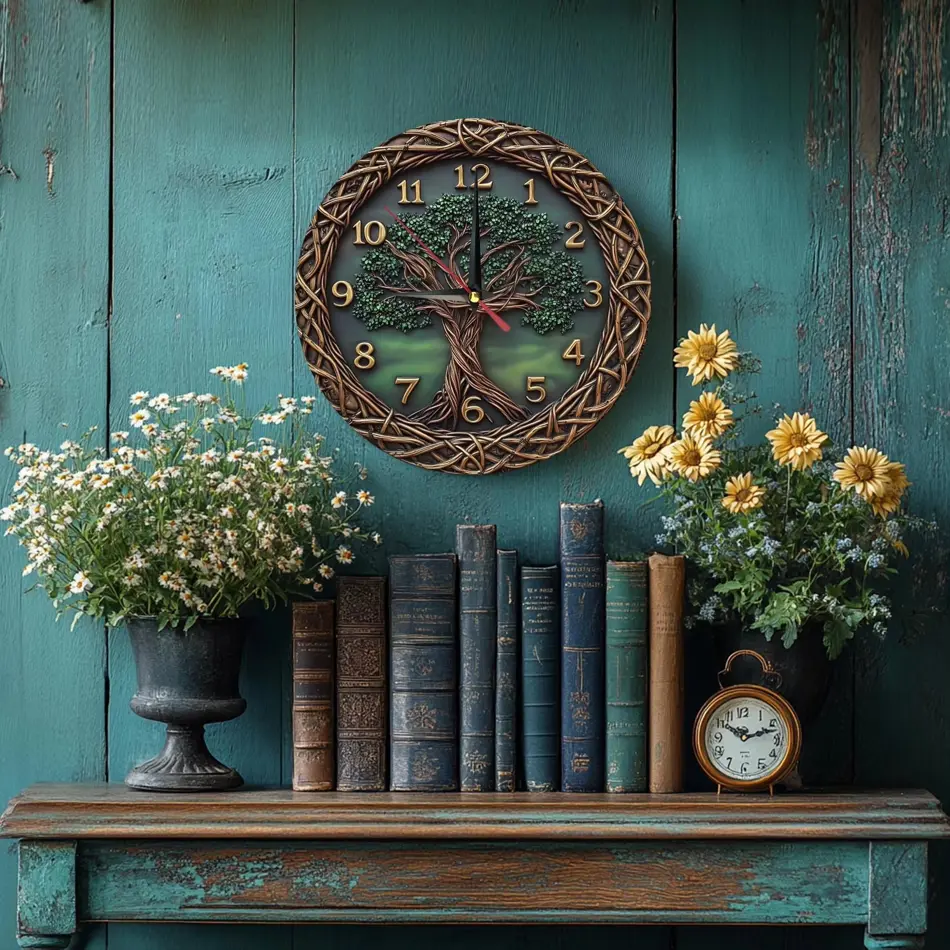 Elegant Wooden Wall Clock with Green Tree Pattern – Perfect Home Decor