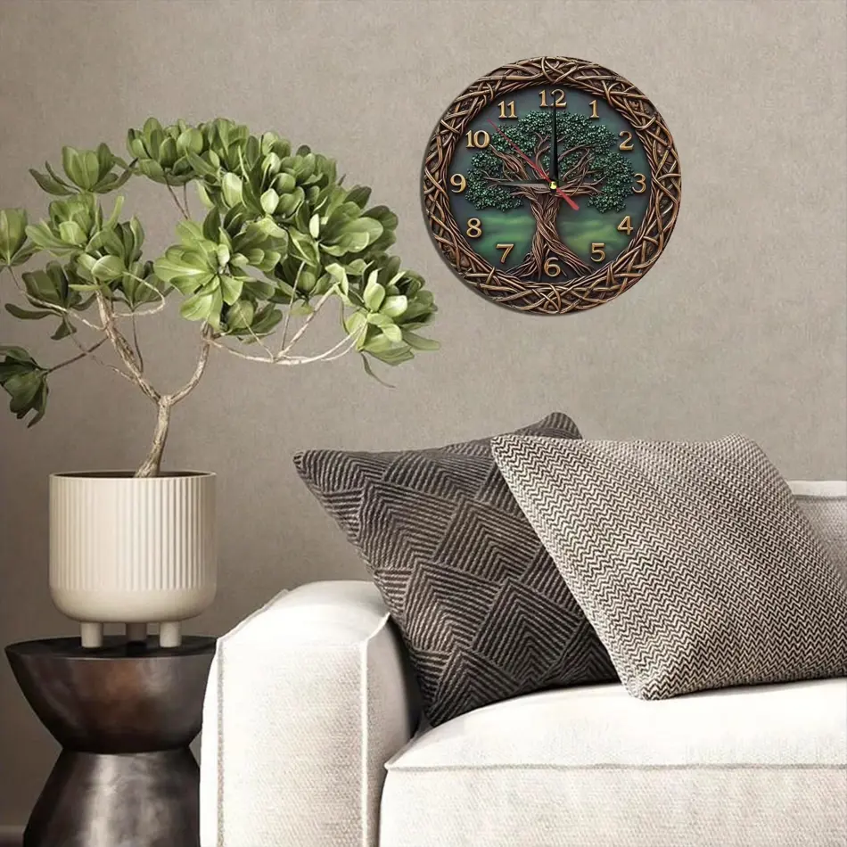 Elegant Wooden Wall Clock with Green Tree Pattern – Perfect Home Decor
