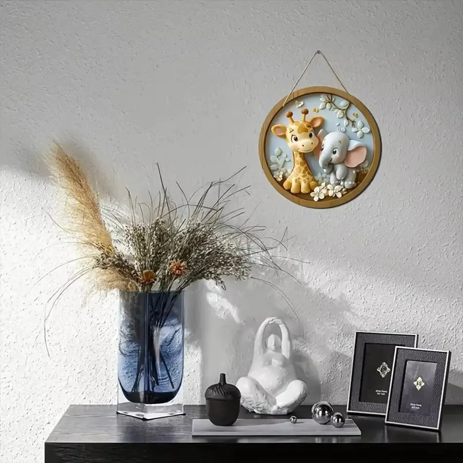 Elephant and Deer Pattern 2D Graphic Wooden Sign - 7.87" Round Multifunctional Wall & Door Decoration for Home, Office, and Celebration