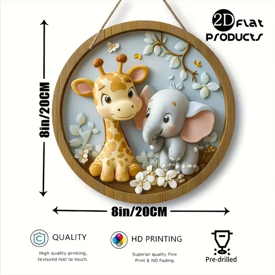 Elephant and Deer Pattern 2D Graphic Wooden Sign - 7.87" Round Multifunctional Wall & Door Decoration for Home, Office, and Celebration
