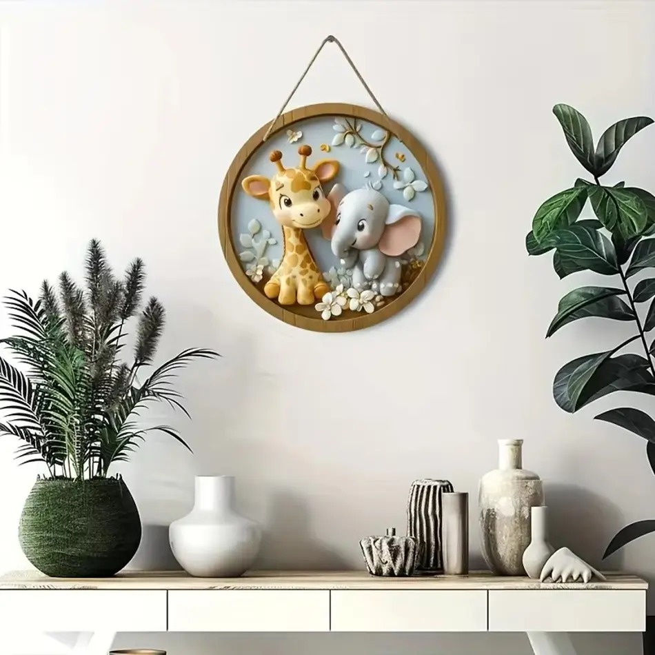 Elephant and Deer Pattern 2D Graphic Wooden Sign - 7.87" Round Multifunctional Wall & Door Decoration for Home, Office, and Celebration
