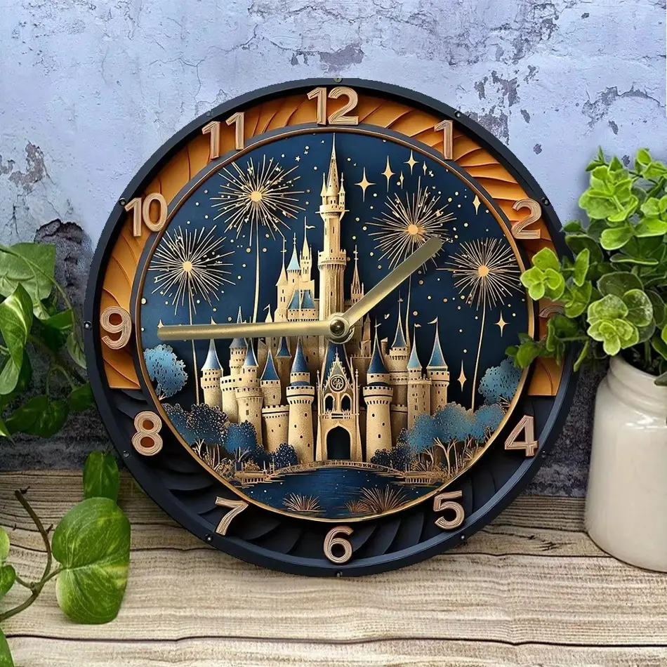 Enchanting Castle & Fireworks Wooden Wall Clock – Elegant Home Decor, AA Battery Operated