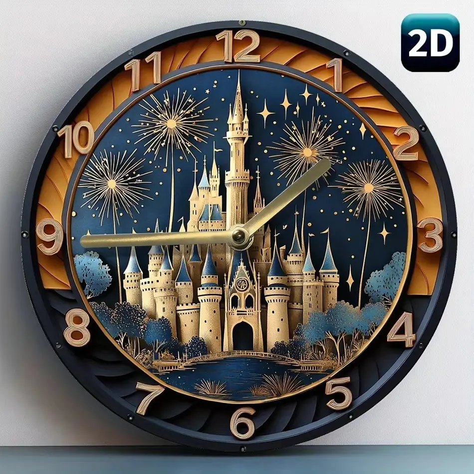 Enchanting Castle & Fireworks Wooden Wall Clock – Elegant Home Decor, AA Battery Operated