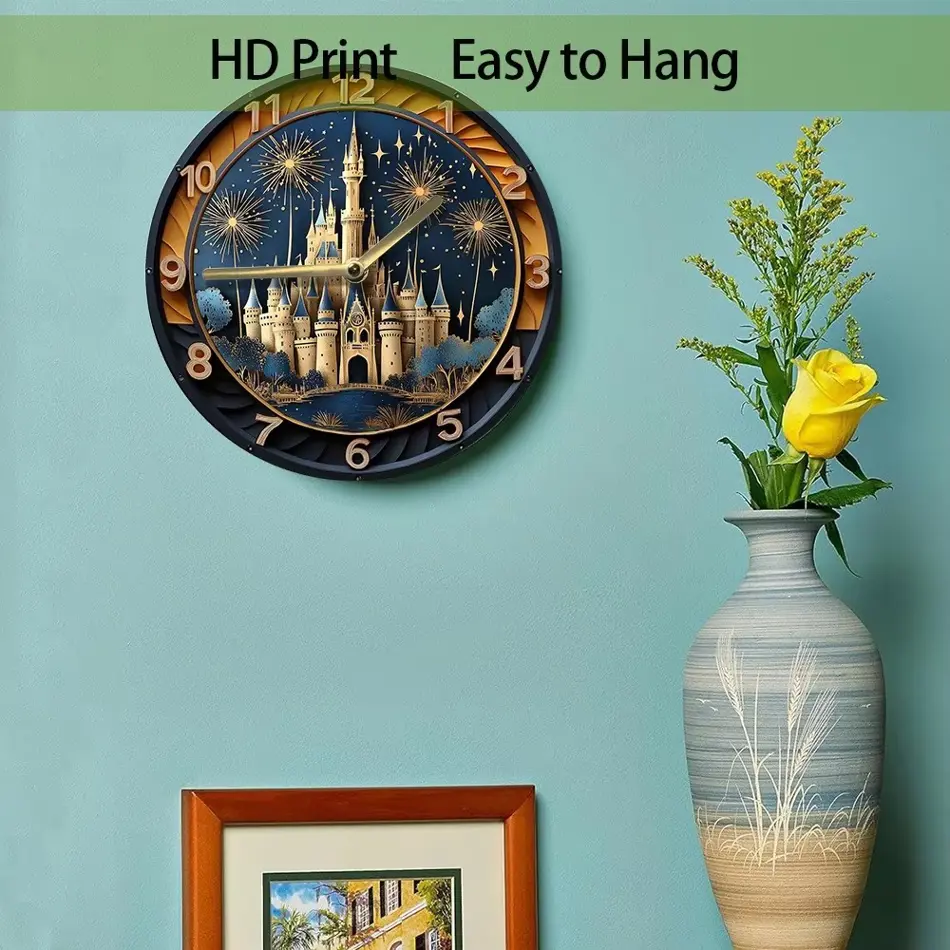 Enchanting Castle & Fireworks Wooden Wall Clock – Elegant Home Decor, AA Battery Operated