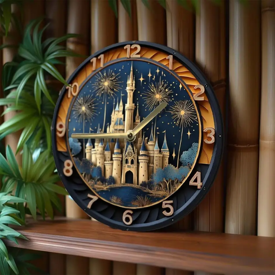 Enchanting Castle & Fireworks Wooden Wall Clock – Elegant Home Decor, AA Battery Operated
