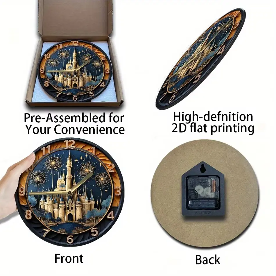 Enchanting Castle & Fireworks Wooden Wall Clock – Elegant Home Decor, AA Battery Operated