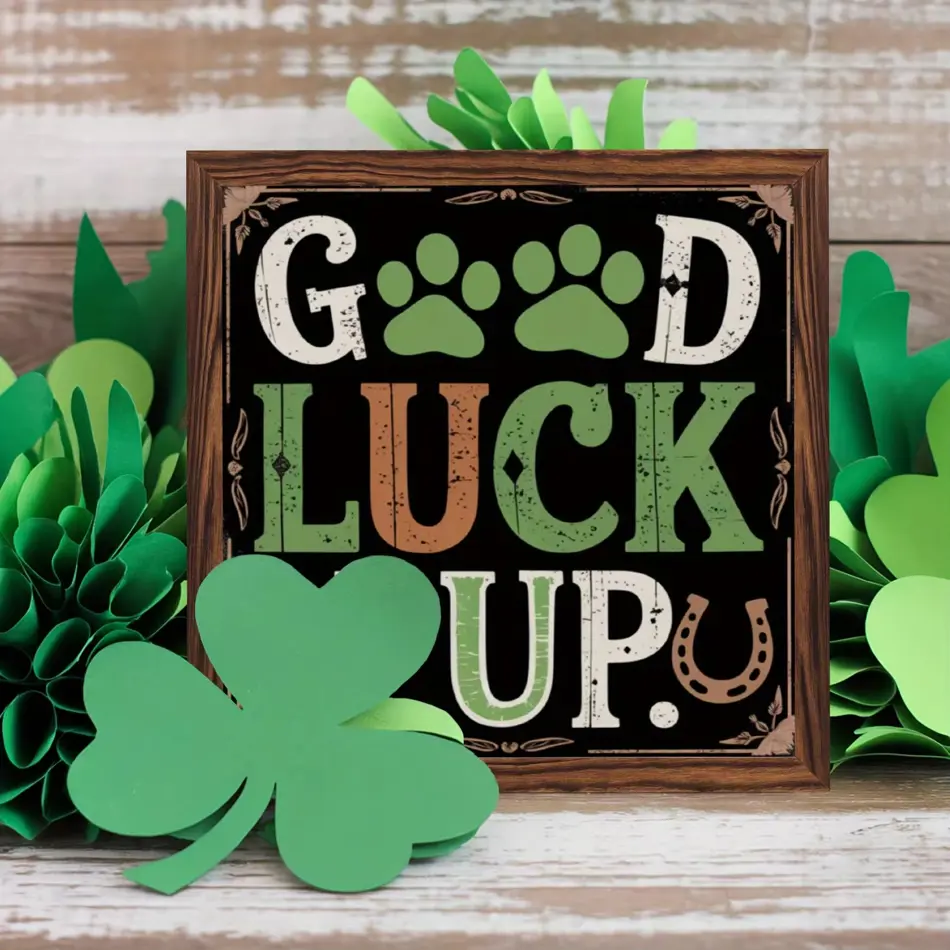Good Luck Puppy Wood Frame Sign - 8x8 Inch St. Patrick's Day Vintage Inspirational Wall Art, Perfect Gift for Loved Ones