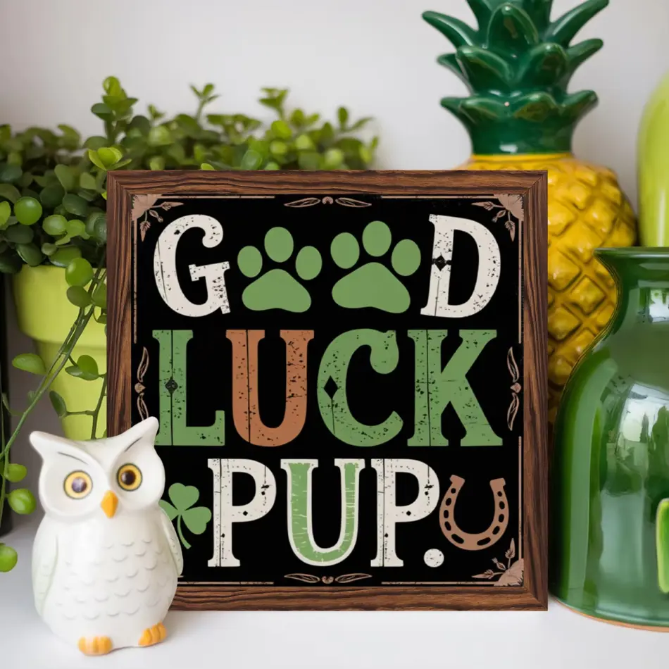 Good Luck Puppy Wood Frame Sign - 8x8 Inch St. Patrick's Day Vintage Inspirational Wall Art, Perfect Gift for Loved Ones