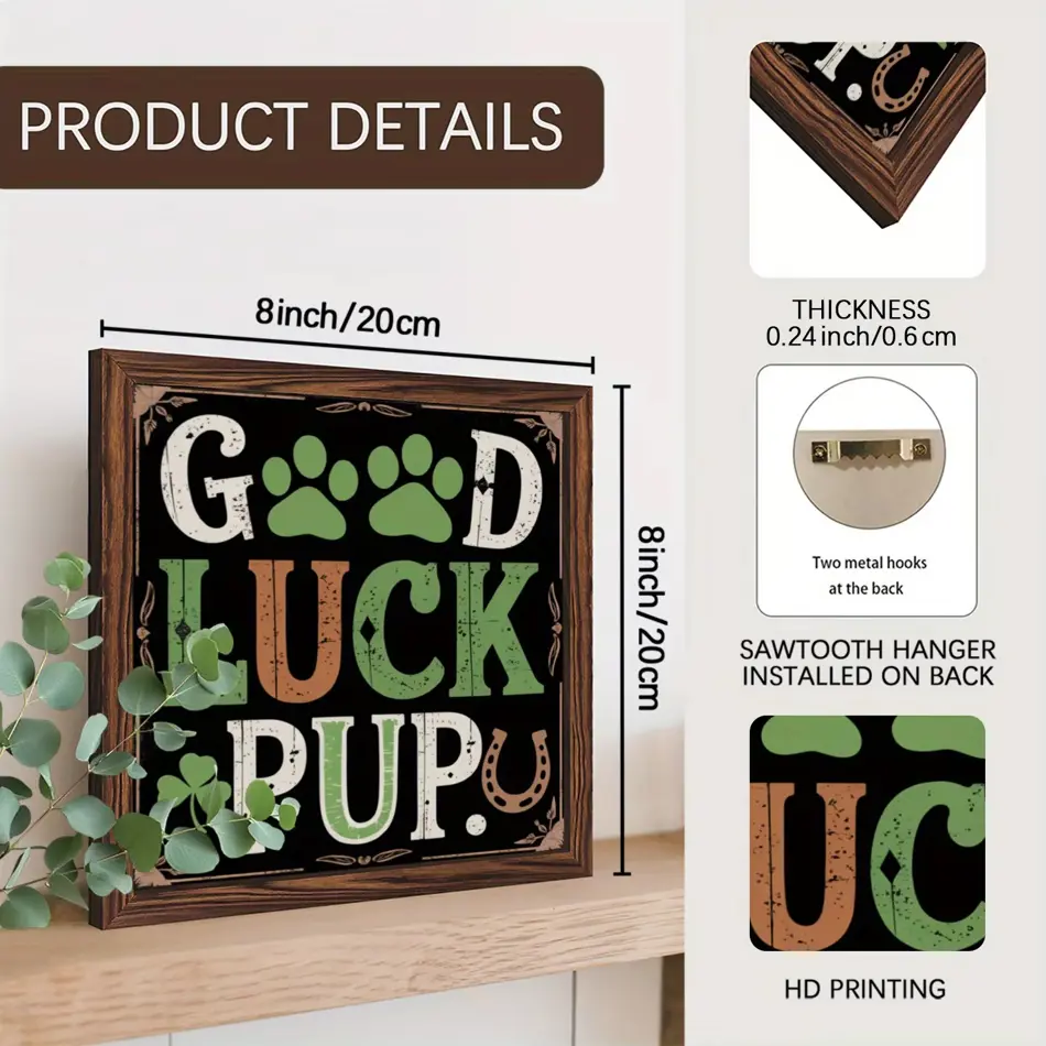 Good Luck Puppy Wood Frame Sign - 8x8 Inch St. Patrick's Day Vintage Inspirational Wall Art, Perfect Gift for Loved Ones