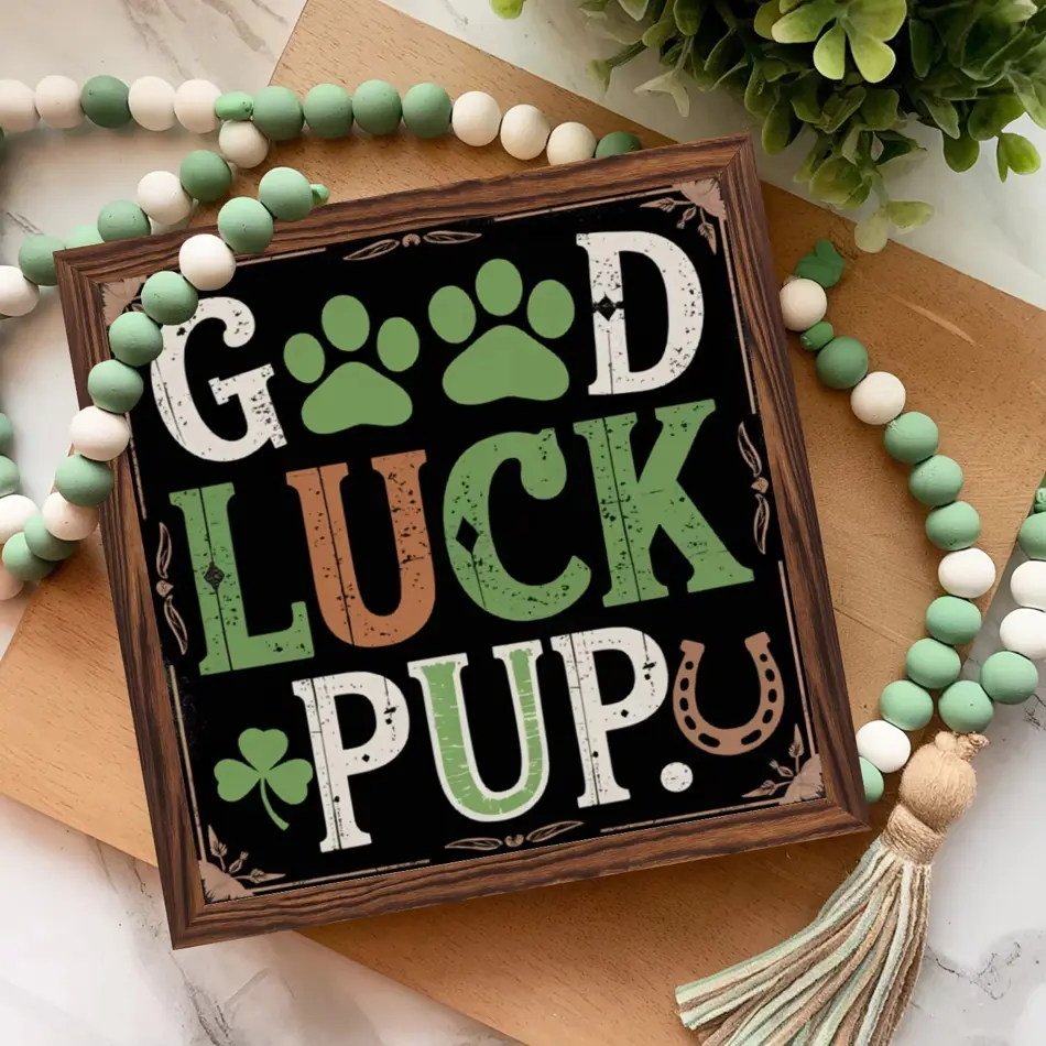 Good Luck Puppy Wood Frame Sign - 8x8 Inch St. Patrick's Day Vintage Inspirational Wall Art, Perfect Gift for Loved Ones