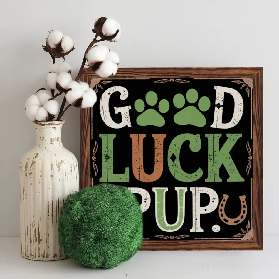 Good Luck Puppy Wood Frame Sign - 8x8 Inch St. Patrick's Day Vintage Inspirational Wall Art, Perfect Gift for Loved Ones