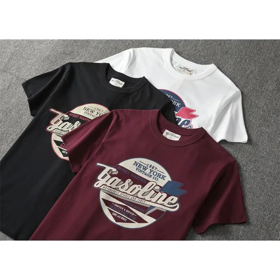 Heavyweight American Vintage Letter Print T-Shirt for Men – Khaki Cotton Crewneck Short Sleeve