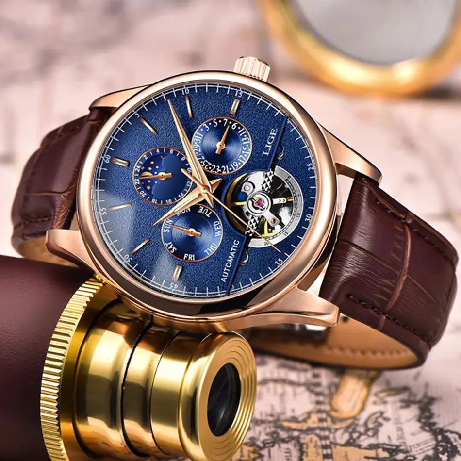 LIGE 6826 Plus Tourbillon Automatic Retro Watch – Classic Leather Waterproof Men's Mechanical