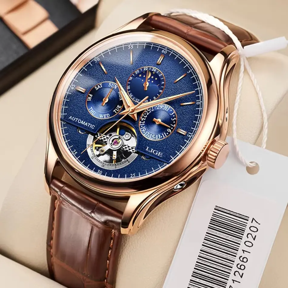 LIGE 6826 Plus Tourbillon Automatic Retro Watch – Classic Leather Waterproof Men's Mechanical