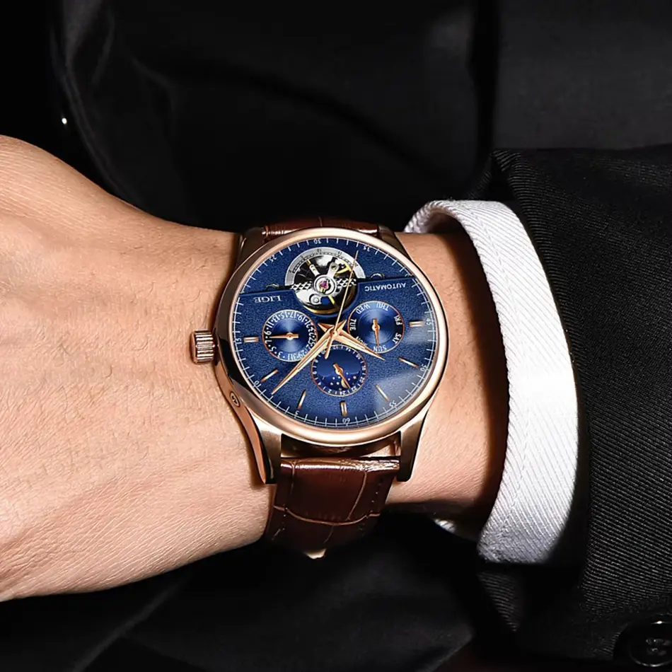 LIGE 6826 Plus Tourbillon Automatic Retro Watch – Classic Leather Waterproof Men's Mechanical