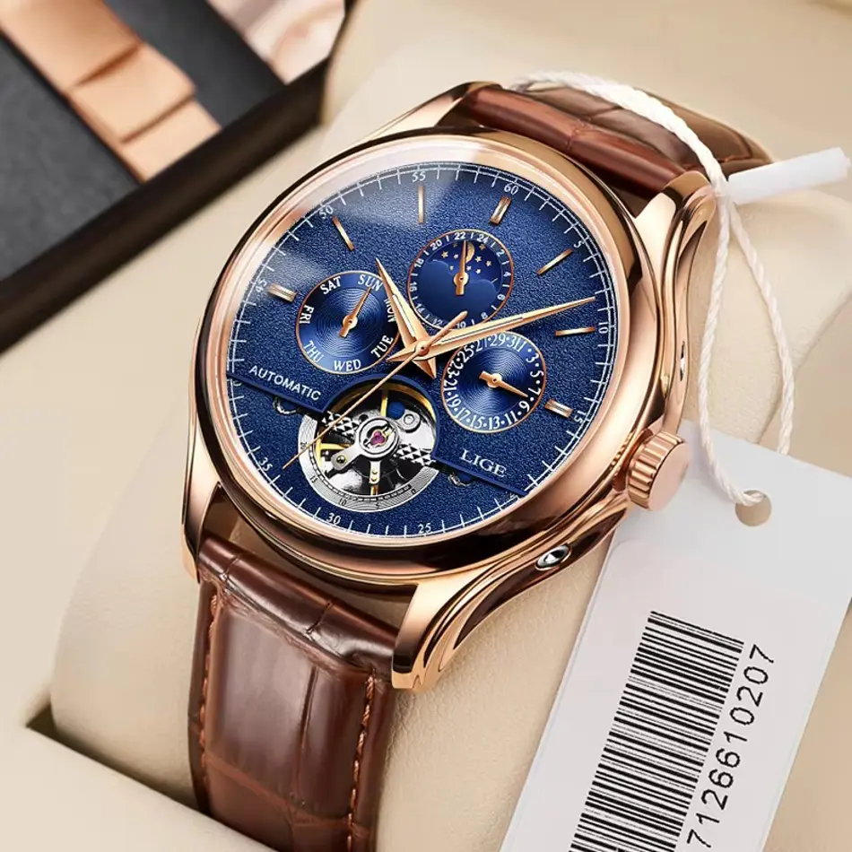 LIGE 6826 Plus Tourbillon Automatic Retro Watch – Classic Leather Waterproof Men's Mechanical