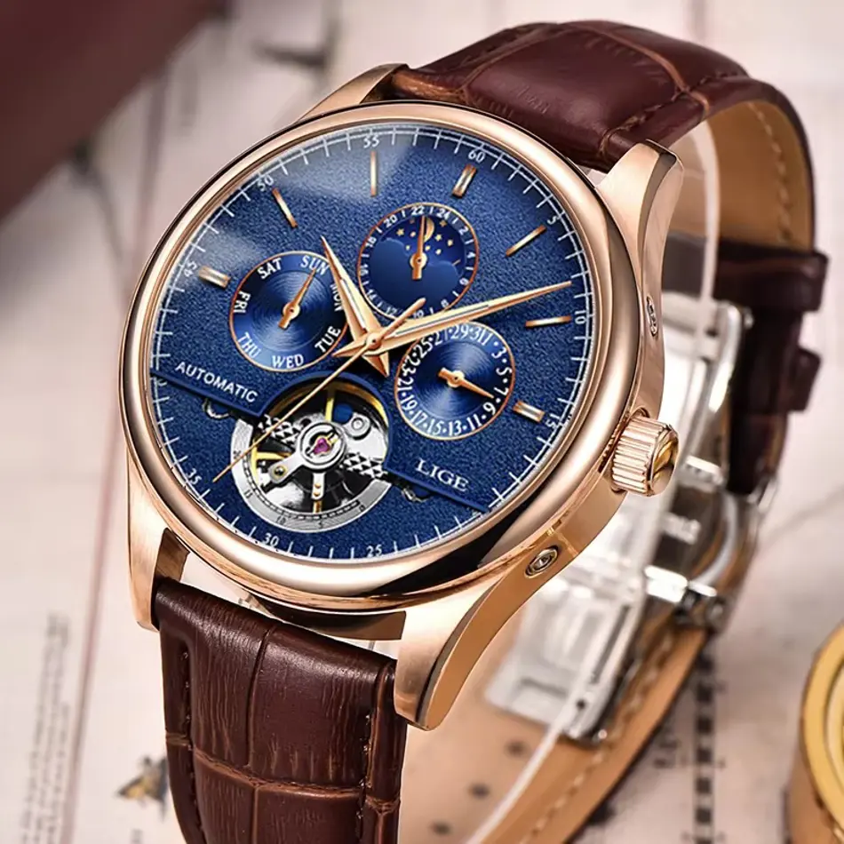 LIGE 6826 Plus Tourbillon Automatic Retro Watch – Classic Leather Waterproof Men's Mechanical