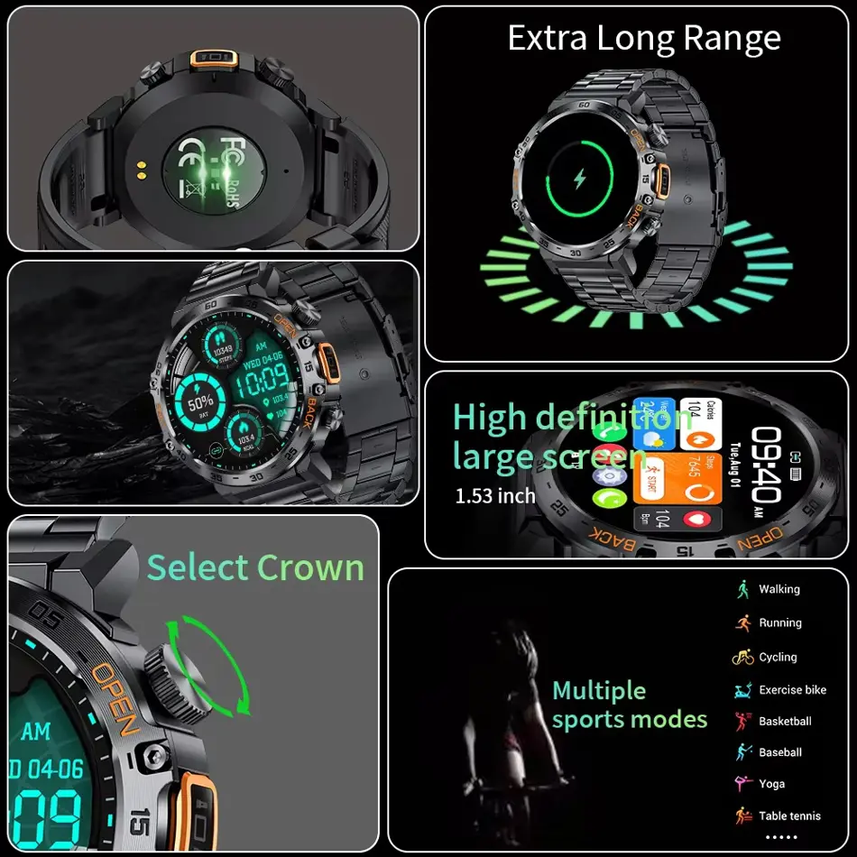 LIGE BW0616 Flashlight Military Smartwatch – SOS, Bluetooth Call, Waterproof Fitness Tracker