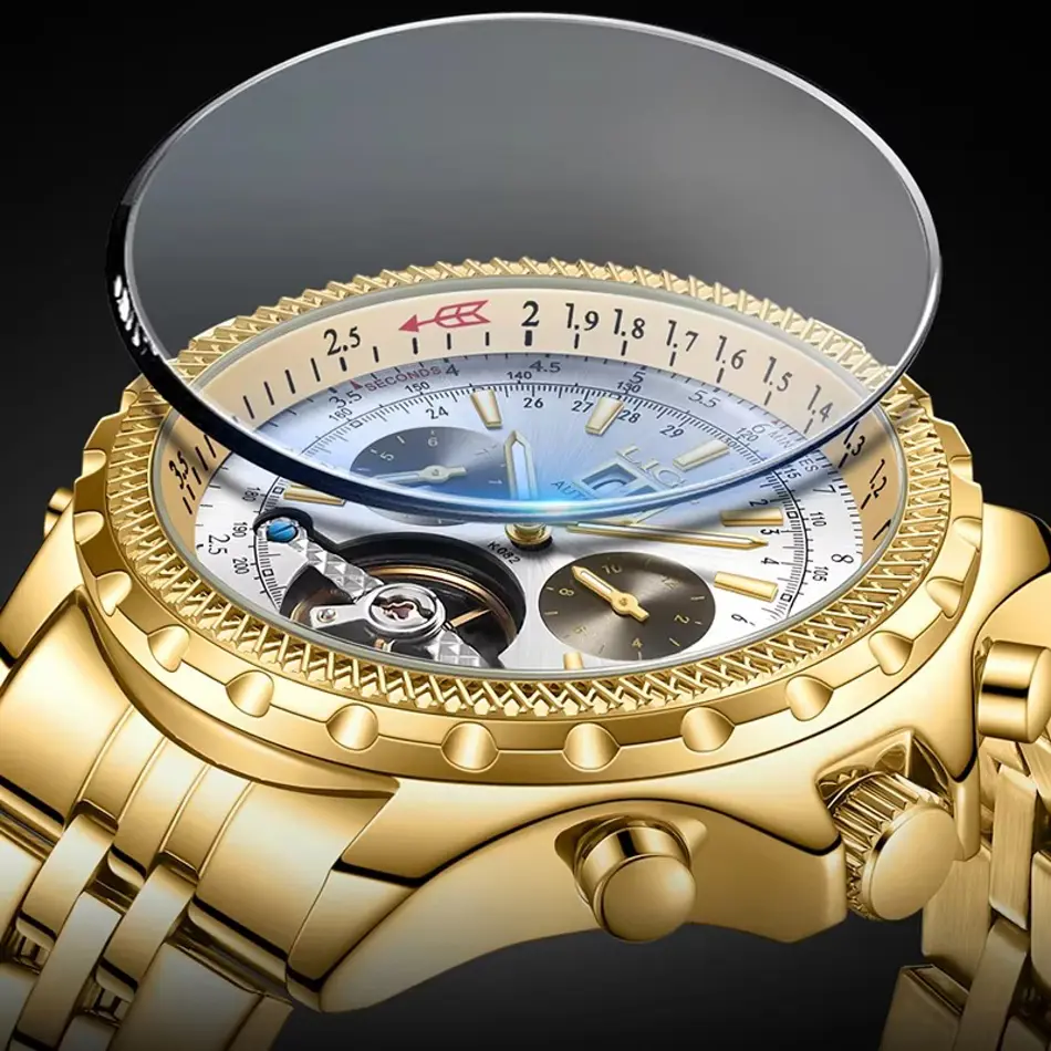 LIGE Men's Automatic Tourbillon Watch | Gold Luxury Mechanical Waterproof Watch with Luminous Hands