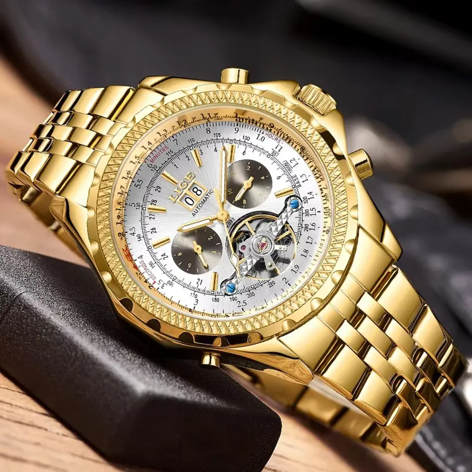 LIGE Men's Automatic Tourbillon Watch | Gold Luxury Mechanical Waterproof Watch with Luminous Hands