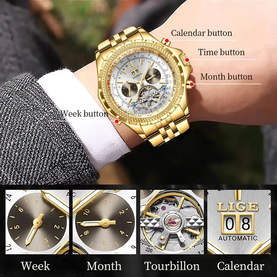 LIGE Men's Automatic Tourbillon Watch | Gold Luxury Mechanical Waterproof Watch with Luminous Hands