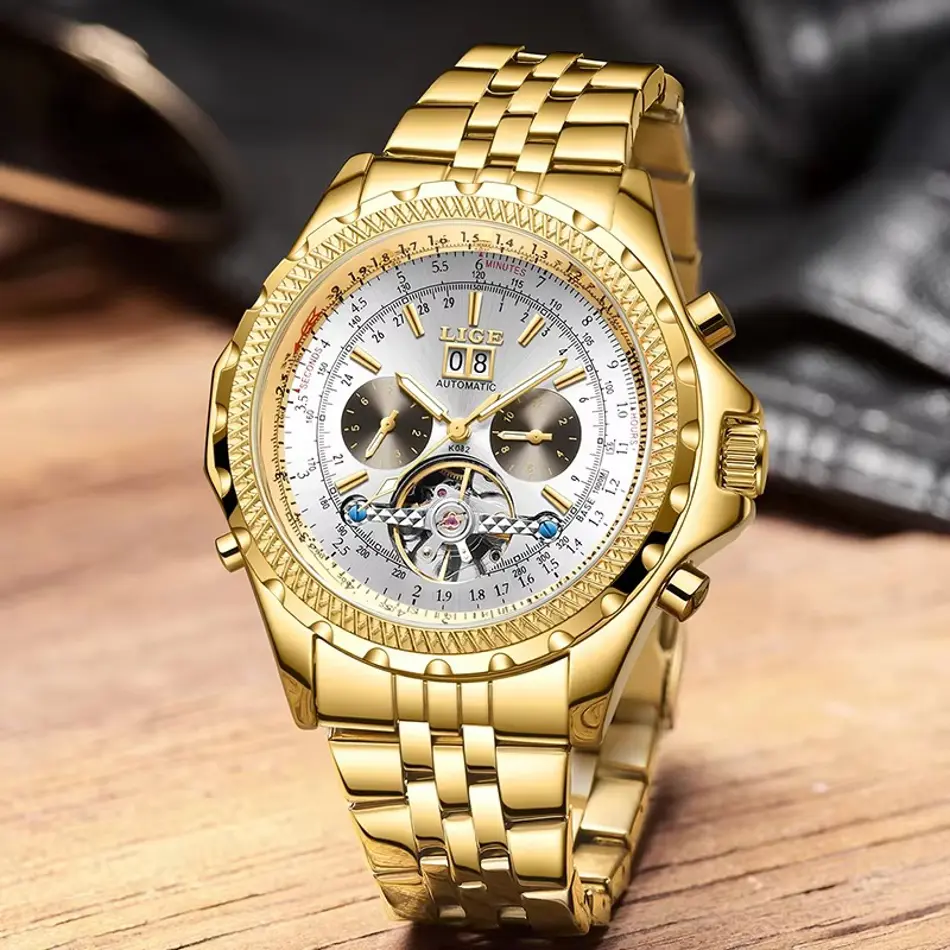 LIGE Men's Automatic Tourbillon Watch | Gold Luxury Mechanical Waterproof Watch with Luminous Hands