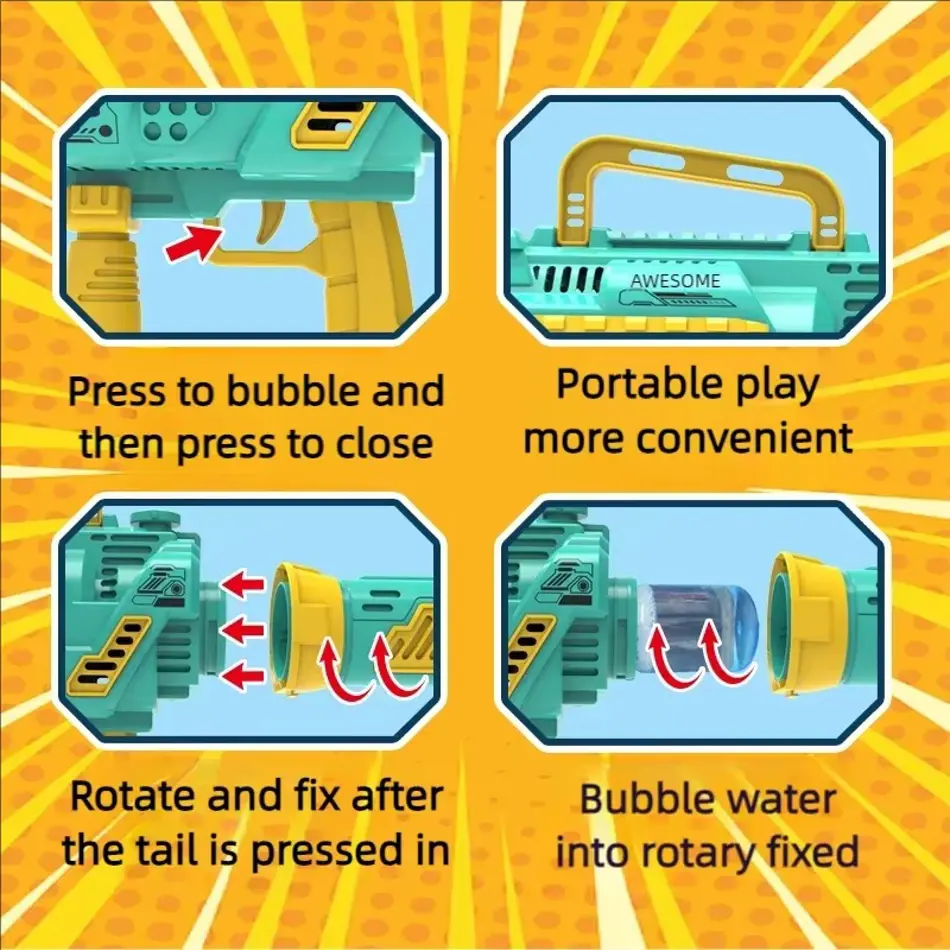 Large Automatic Rocket Bubble Gun with LED Lights, Fast Soap Blower for Kids, Outdoor Toy Machine Gun Launcher