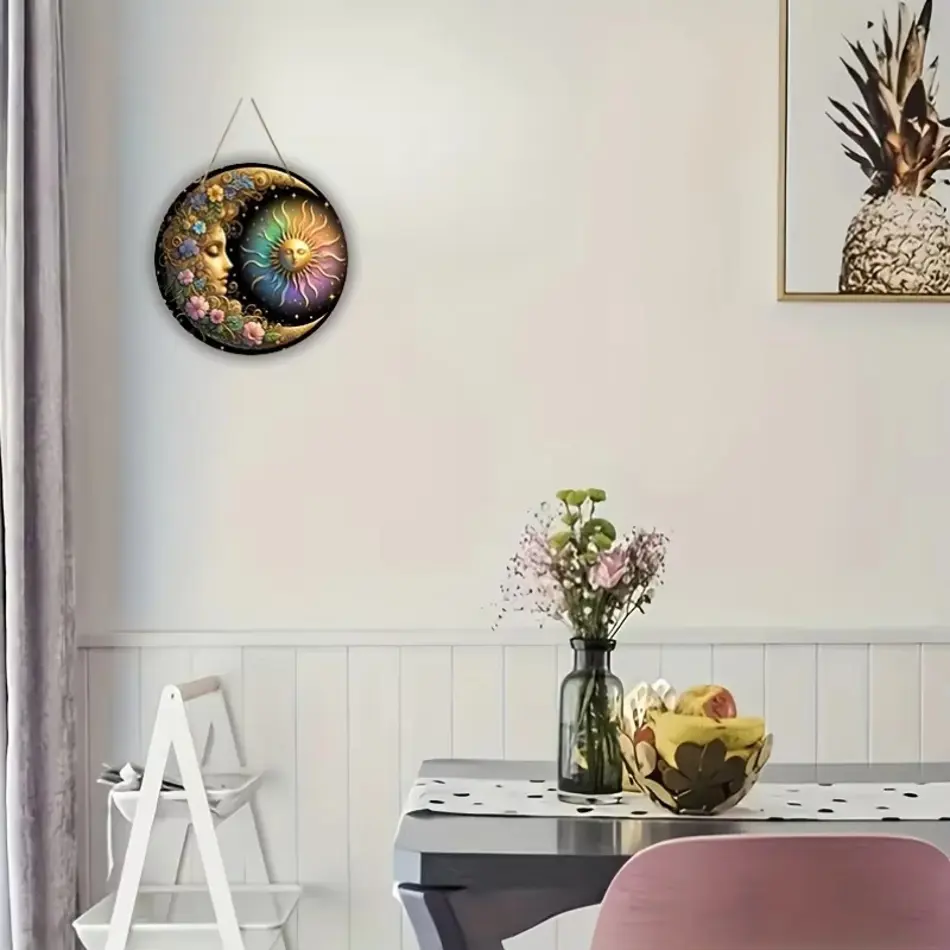 Mandala Art Sun & Moon Wooden Wall Plate - 8x8 Inches, Floral Design