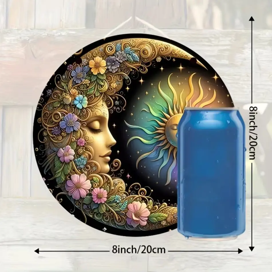 Mandala Art Sun & Moon Wooden Wall Plate - 8x8 Inches, Floral Design