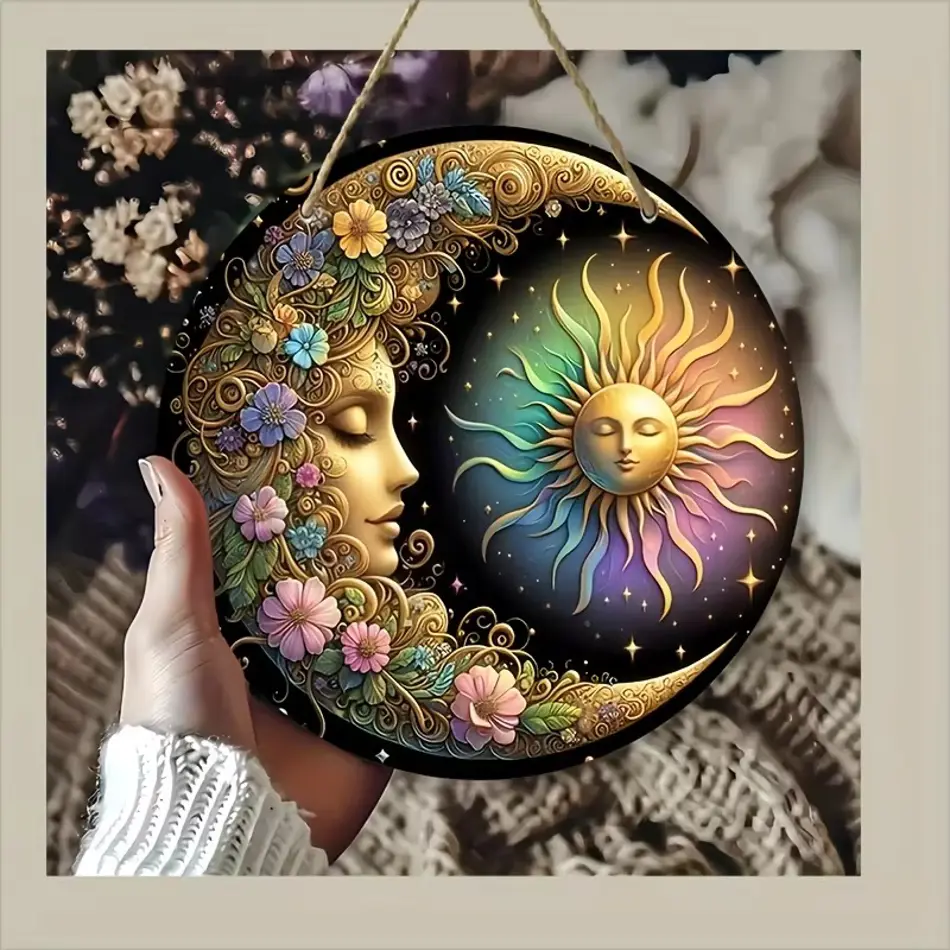 Mandala Art Sun & Moon Wooden Wall Plate - 8x8 Inches, Floral Design