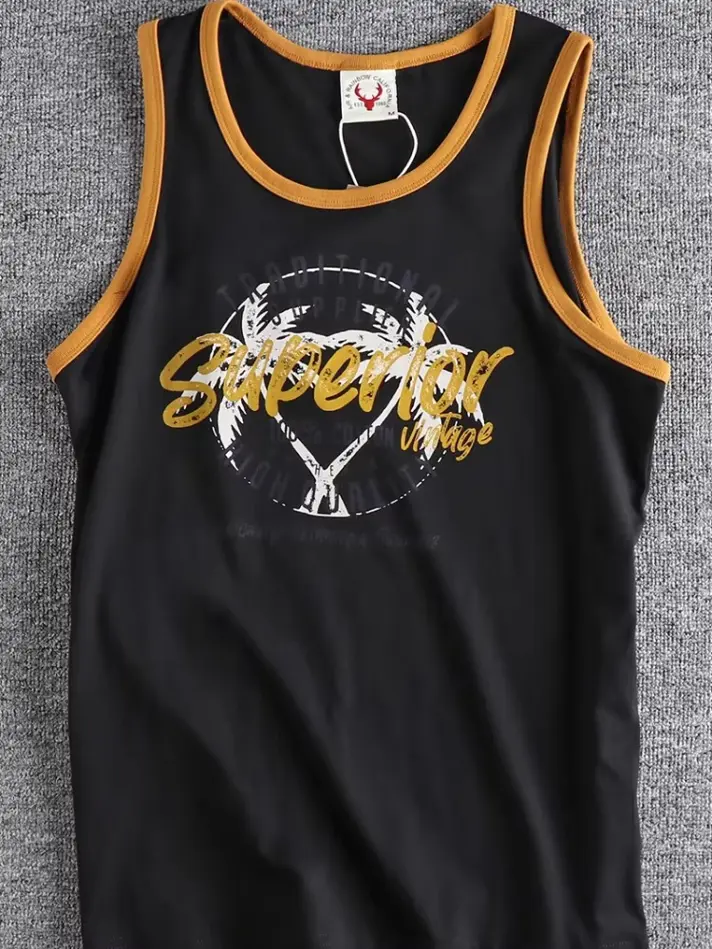 Men's Vintage Washed Letter Print Sleeveless Cotton Tank – Retro Streetwear Summer Vest
