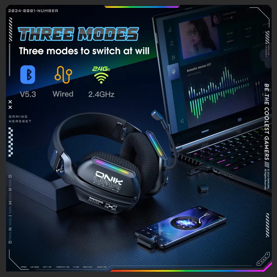 ONIKUMA GT808 Wireless Gaming Headset with Mic – RGB, Noise Cancelling, 2.4GHz for PS5/PS4/PC/Mac