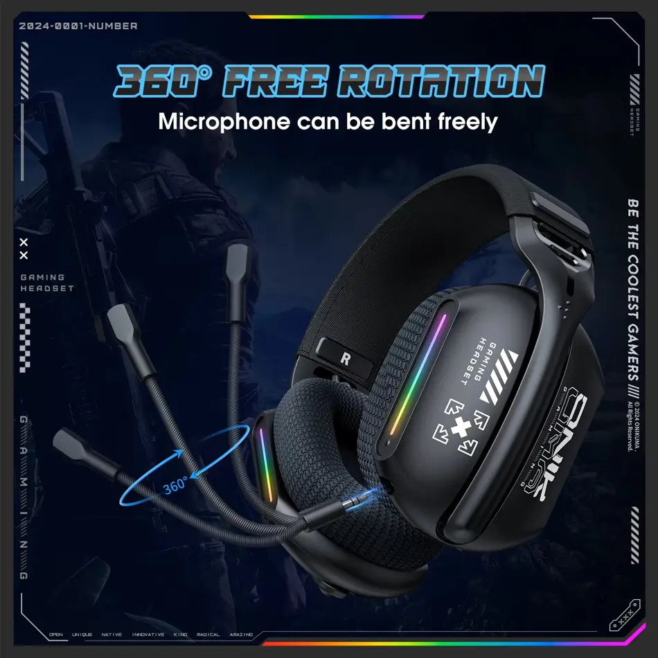 ONIKUMA GT808 Wireless Gaming Headset with Mic – RGB, Noise Cancelling, 2.4GHz for PS5/PS4/PC/Mac