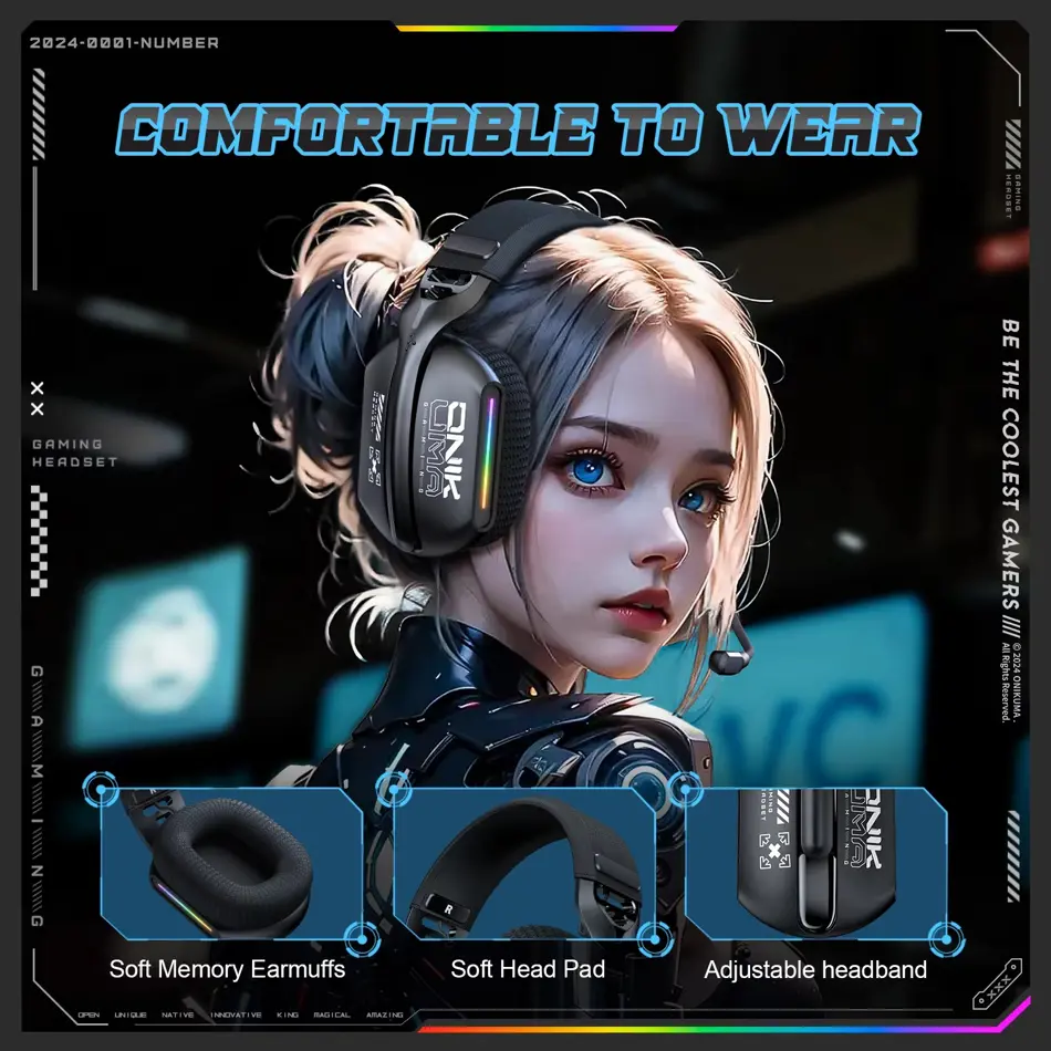 ONIKUMA GT808 Wireless Gaming Headset with Mic – RGB, Noise Cancelling, 2.4GHz for PS5/PS4/PC/Mac