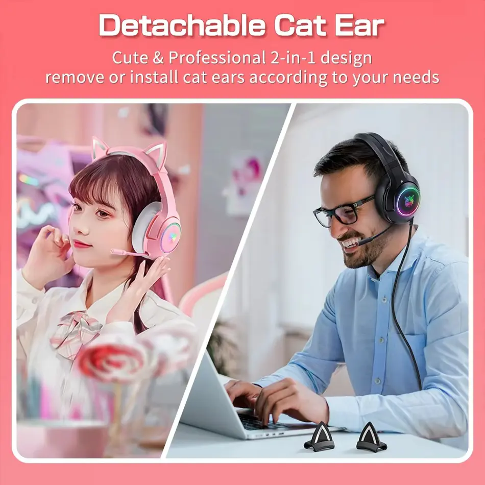 ONIKUMA K9 Wired Gaming Headset with Removable Cat Ears & HD Mic – Surround Sound Earphones for PC Gamers