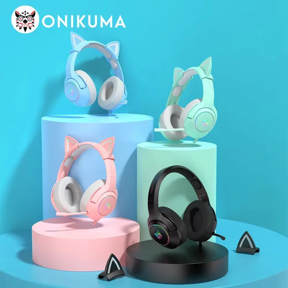 ONIKUMA K9 Wired Gaming Headset with Removable Cat Ears & HD Mic – Surround Sound Earphones for PC Gamers