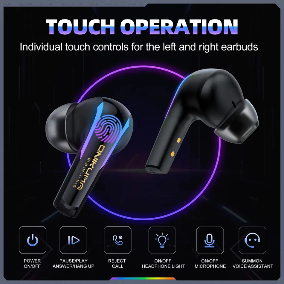 ONIKUMA T27 Dual Mode Wireless Gaming Earbuds with 2.4GHz & Bluetooth, RGB Lighting, Touch Control, Low Latency Headset with Charging Case