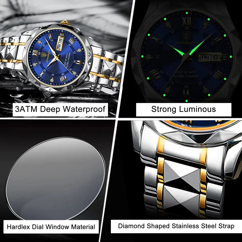 POEDAGAR Luxury Men's Quartz Watch – Waterproof, Luminous, Stainless Steel Sport Wristwatch with Date & Week Display