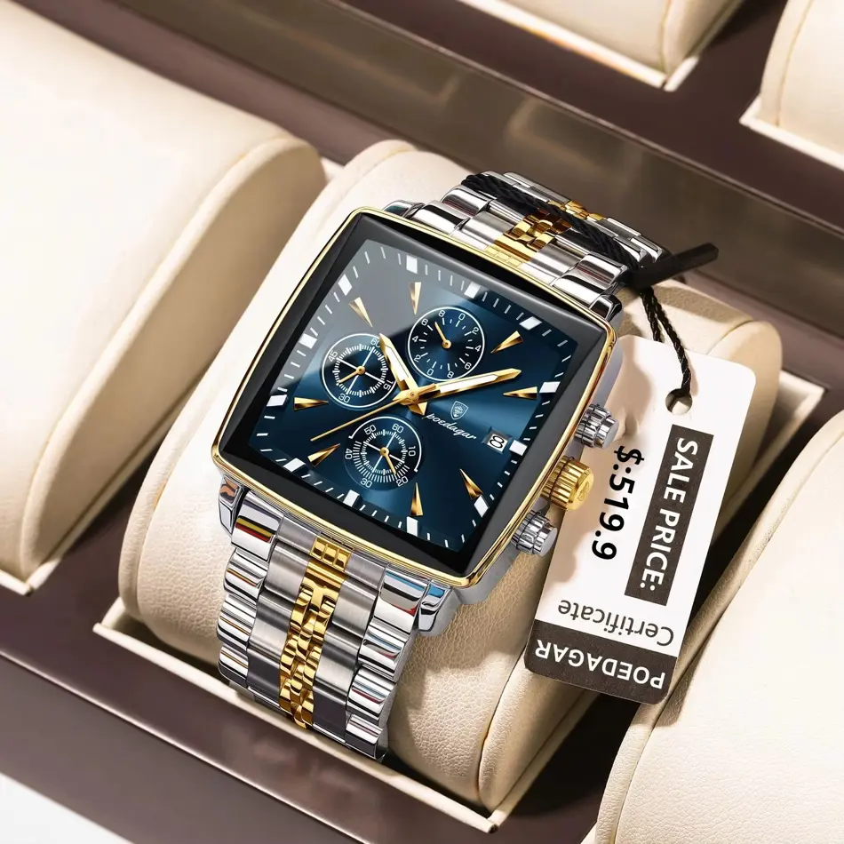 POEDAGAR Luxury Square Chronograph Watch for Men – Waterproof, Luminous Quartz Wristwatch with Date Display