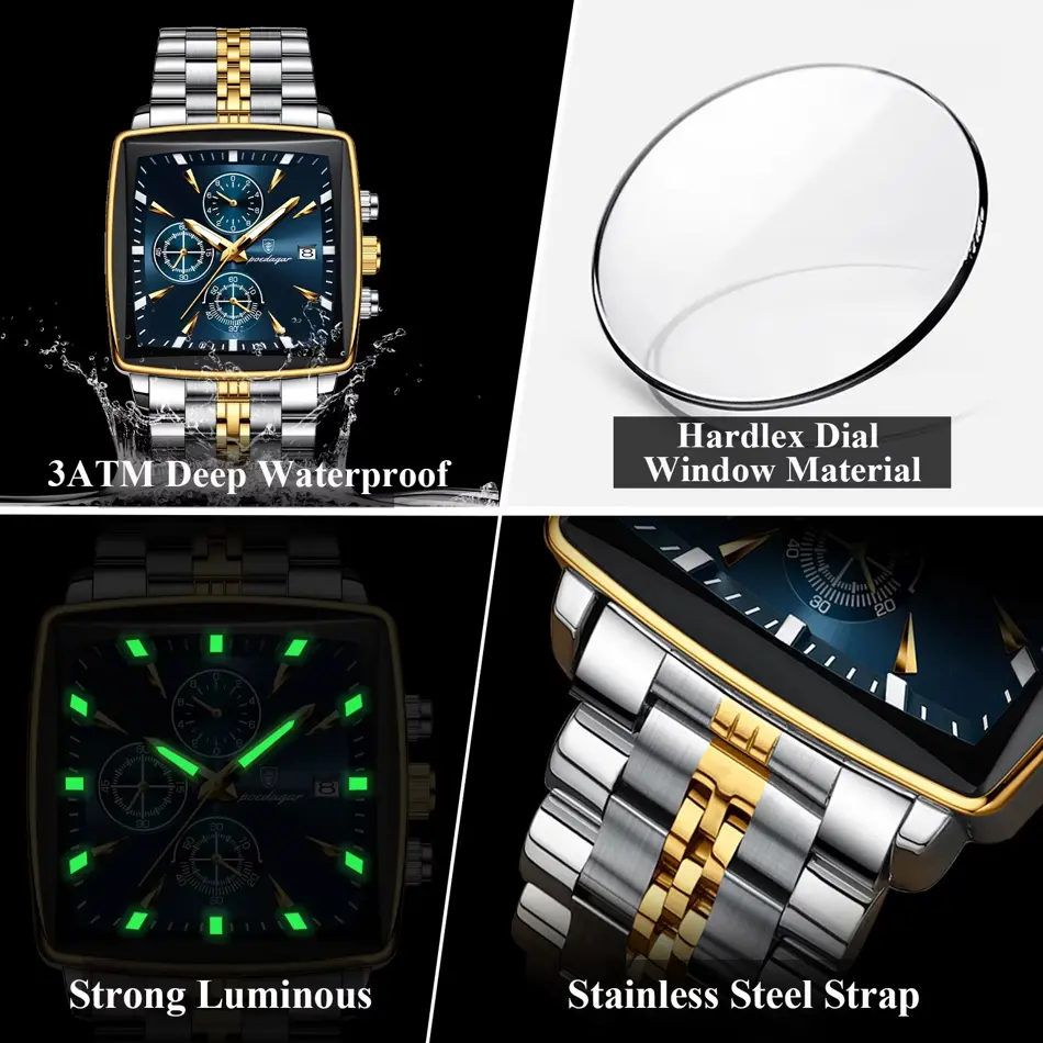 POEDAGAR Luxury Square Chronograph Watch for Men – Waterproof, Luminous Quartz Wristwatch with Date Display